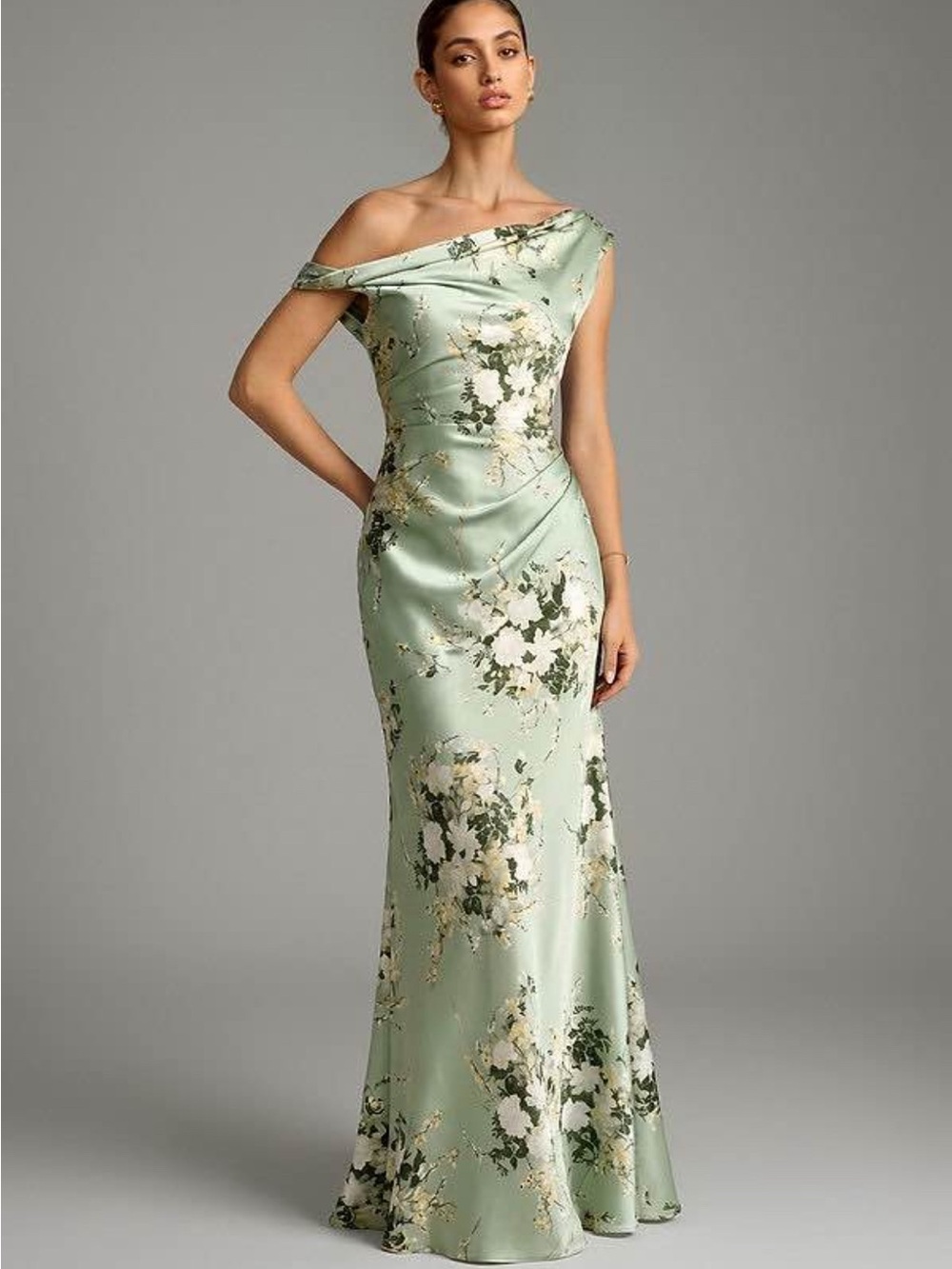 Elegant One-Shoulder Floral Satin Gown in Sage